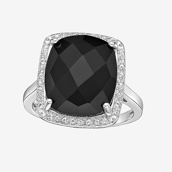 Womens Genuine Black Onyx Sterling Silver Cushion Halo Cocktail Ring
