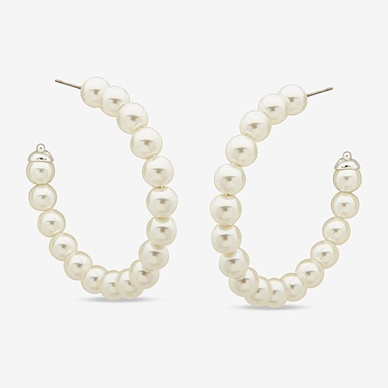 Worthington 49.6 Mm Simulated Pearl Womens 49.6mm Hoop Earrings