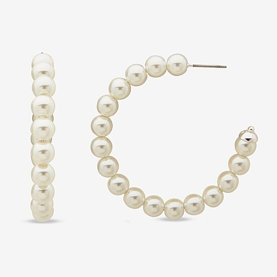 Worthington 49.6 Mm Simulated Pearl Womens 49.6mm Hoop Earrings