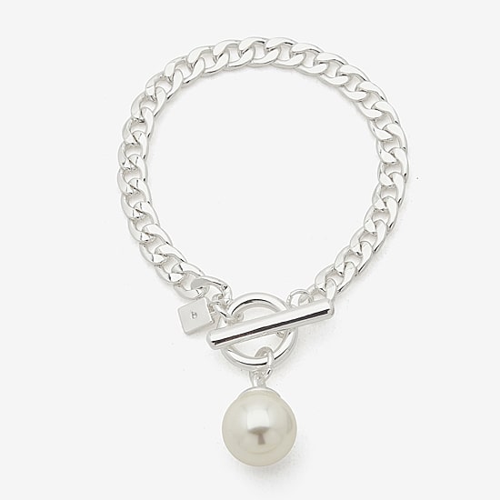 Worthington Silver Tone Simulated Pearl Womens Curb Chain Bracelet