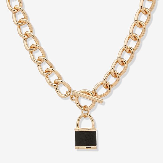 Worthington Gold Tone & Black Leather Lock Womens 17 Inch Pendant Necklace