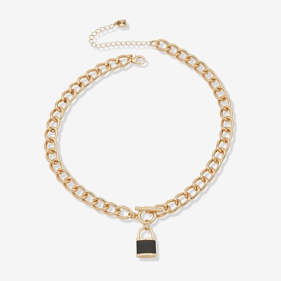 Worthington Gold Tone & Black Leather Lock Womens 17 Inch Pendant Necklace