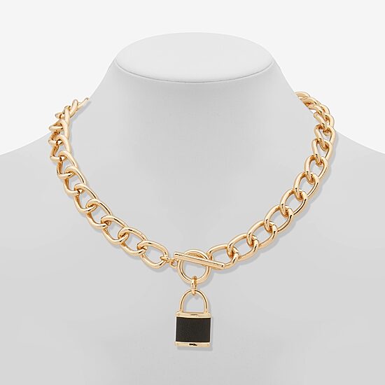 Worthington Gold Tone & Black Leather Lock Womens 17 Inch Pendant Necklace