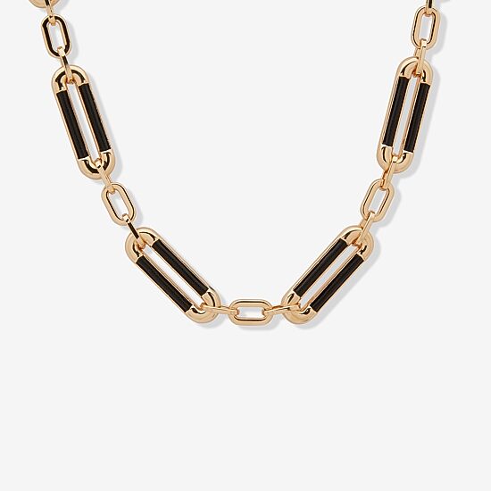 Worthington Gold Tone & Black Leather Link Womens 17 Inch Collar Necklace