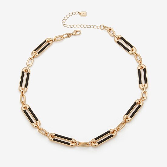 Worthington Gold Tone & Black Leather Link Womens 17 Inch Collar Necklace