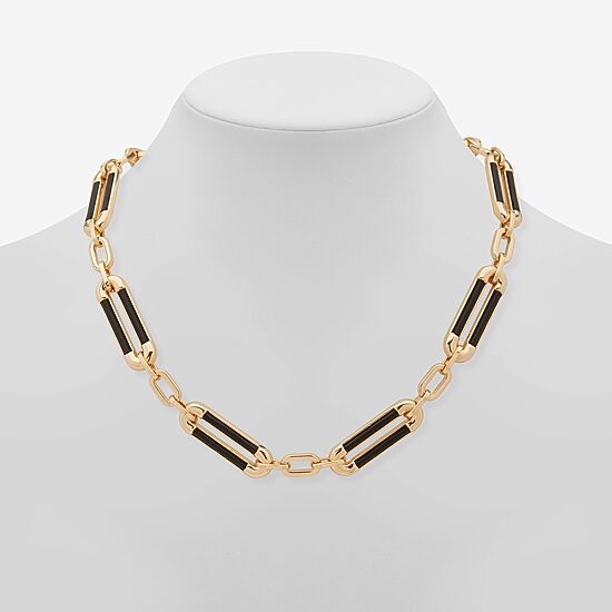 Worthington Gold Tone & Black Leather Link Womens 17 Inch Collar Necklace