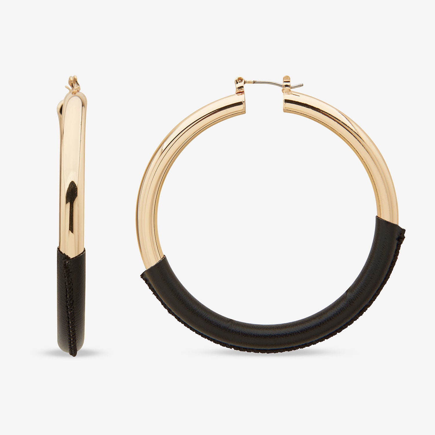 Worthington Gold Tone & Black Leather Wrap Womens 37mm Hoop Earrings