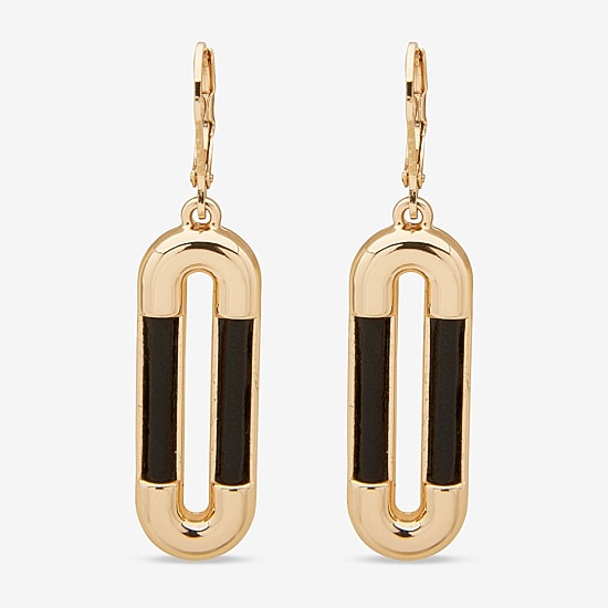 Worthington Gold Tone & Black Leather  Link Womens Paperclip Drop Earrings