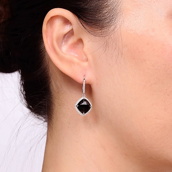 Womens Genuine Black Onyx Sterling Silver Cushion Drop Earrings