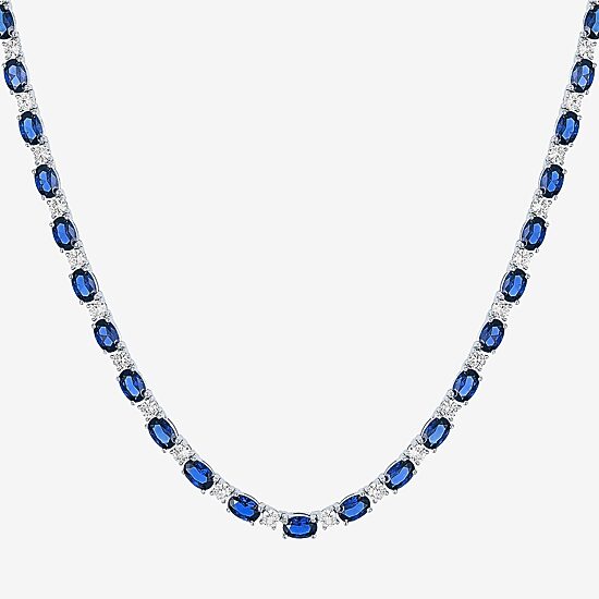 Womens Blue Sapphire Sterling Silver 18 Inch Tennis Necklace