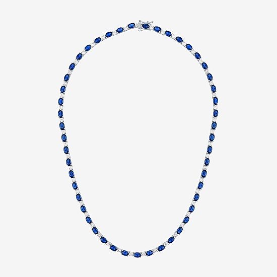 Womens Blue Sapphire Sterling Silver 18 Inch Tennis Necklace