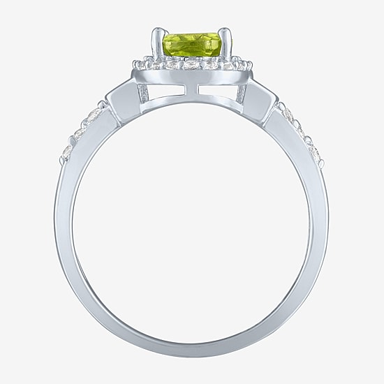 Womens Genuine Green Peridot Sterling Silver Halo Side Stone Cocktail Ring