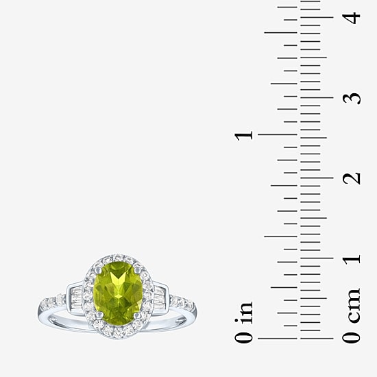 Womens Genuine Green Peridot Sterling Silver Halo Side Stone Cocktail Ring