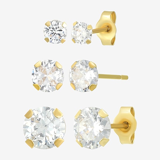 Womens Cubic Zirconia 14K Gold Round 3 Pair Earring Set