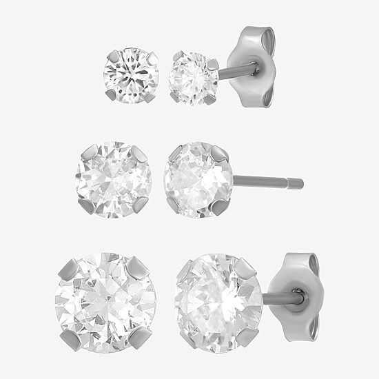 Womens Cubic Zirconia 14K Gold Round 3 Pair Earring Set