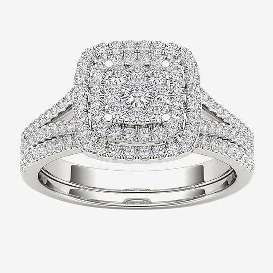 Womens 1/2 CT. T.W. Natural White Diamond 10K Gold Cushion Side Stone Halo Bridal Set