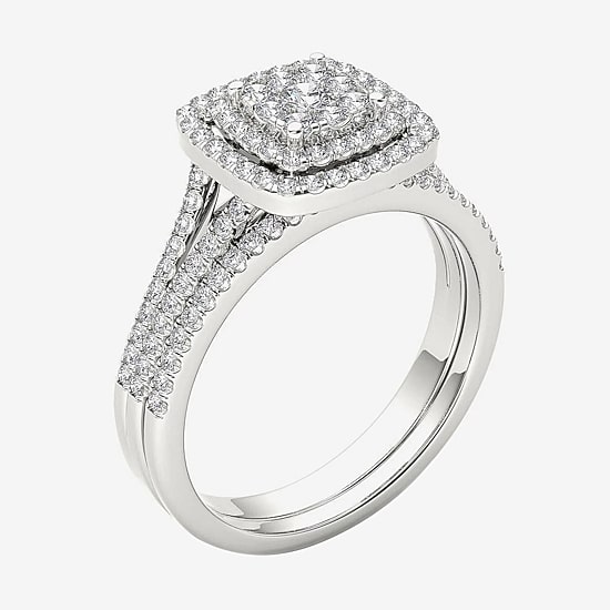 Womens 1/2 CT. T.W. Natural White Diamond 10K Gold Cushion Side Stone Halo Bridal Set