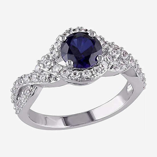 Modern Bride Gemstone Womens Lab Created Blue Sapphire Sterling Silver Round Halo Engagement Ring