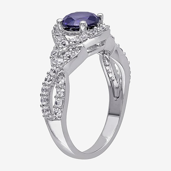 Modern Bride Gemstone Womens Lab Created Blue Sapphire Sterling Silver Round Halo Engagement Ring