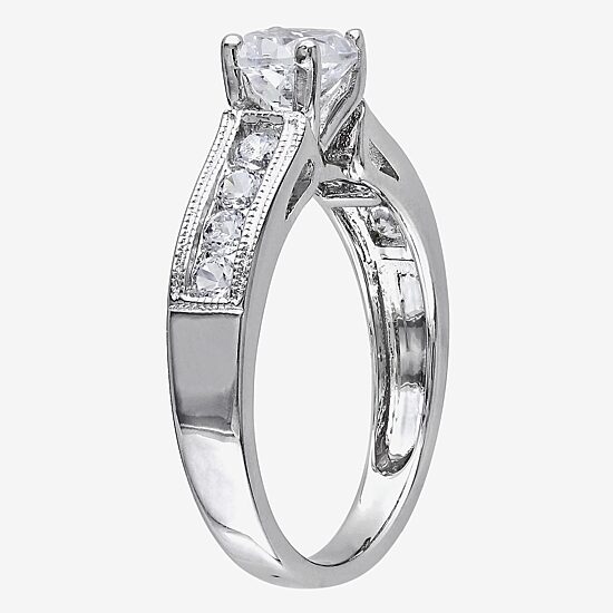 Modern Bride Gemstone Womens Lab Created White Sapphire Sterling Silver Round Side Stone Engagement Ring