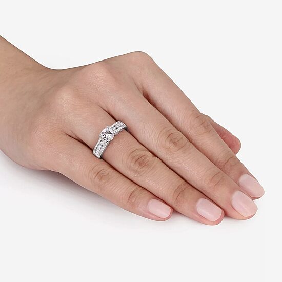 Modern Bride Gemstone Womens Lab Created White Sapphire Sterling Silver Round Side Stone Engagement Ring