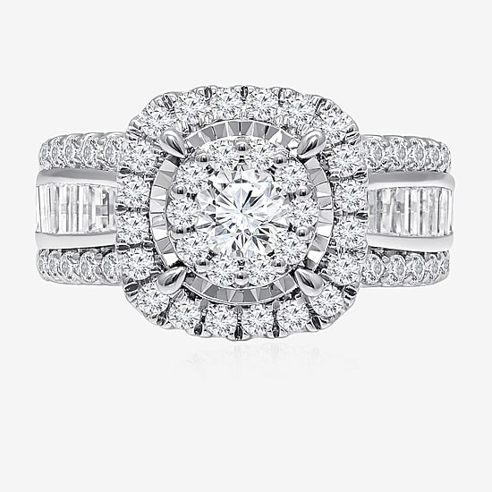 (I / I1) Womens 2 CT. T.W. Lab Grown White Diamond 10K or 14K Gold Cushion Side Stone Halo Engagement Ring