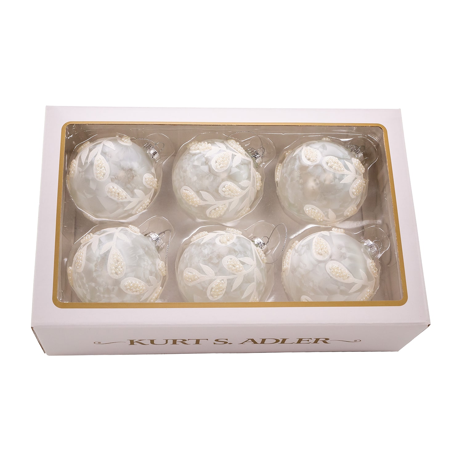Kurt Adler 80mm Glass White Pearl Ball 6-pc. Christmas Ornament