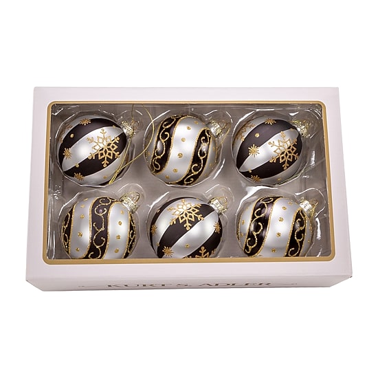 Kurt Adler 80 Mm Silver Black Gold Glass Balls 6-pc. Christmas Ornament