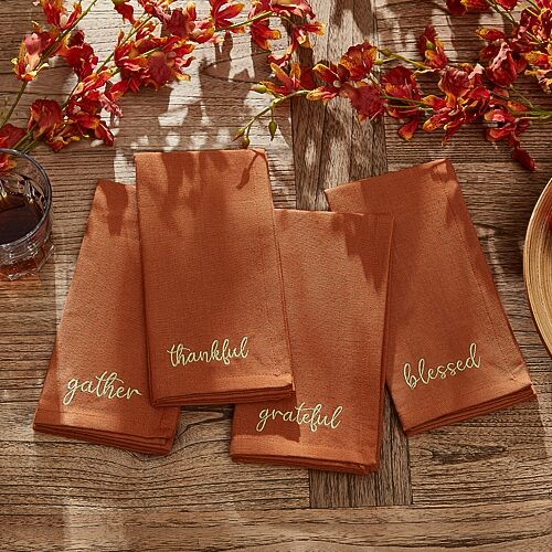 Elrene Harvest Sentiment Embroidered Napkins, Set of 4, 17" x 17" - Rust