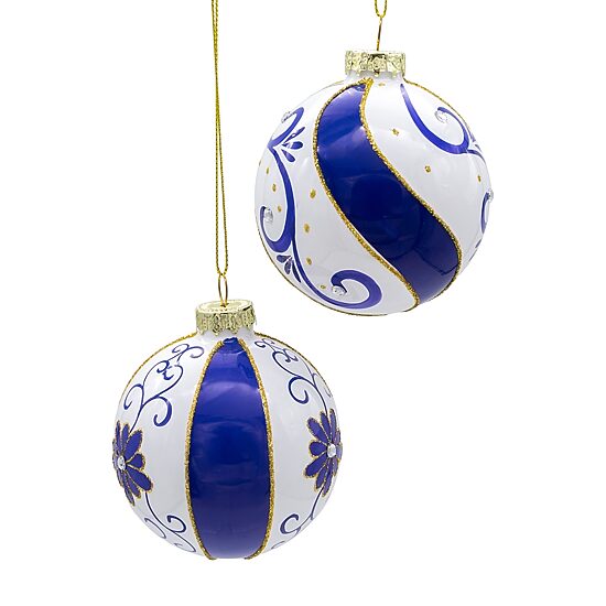 Kurt Adler 80 Mm Blue And White Glass Balls 6-pc. Christmas Ornament