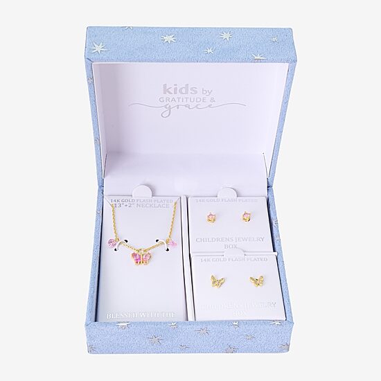 Gratitude & Grace Girls Pink Cubic Zirconia 14K Gold Over Brass Butterfly 3-pc. Jewelry Set