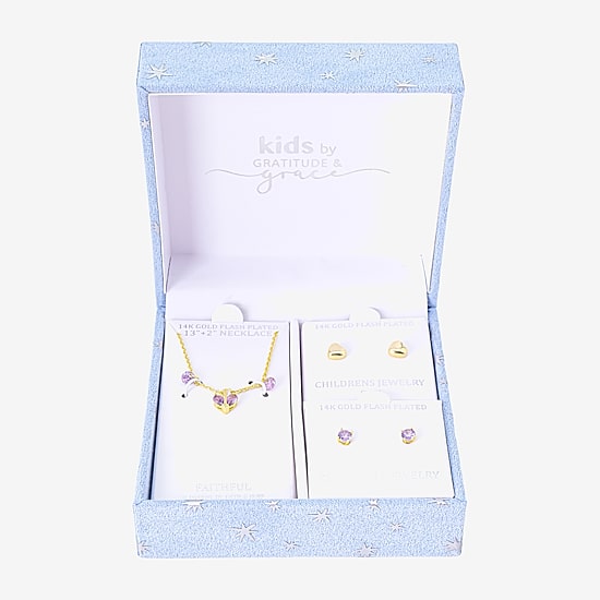 Gratitude & Grace Girls Purple Cubic Zirconia 14K Gold Over Brass Heart 3-pc. Jewelry Set