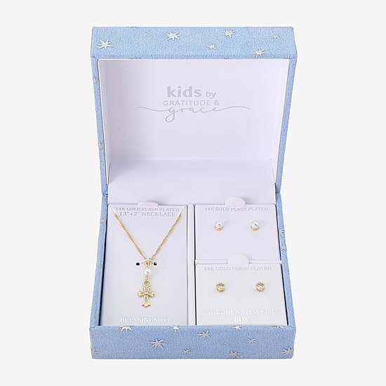 Gratitude & Grace Girls Cubic Zirconia 14K Gold Over Brass Cross 3-pc. Jewelry Set