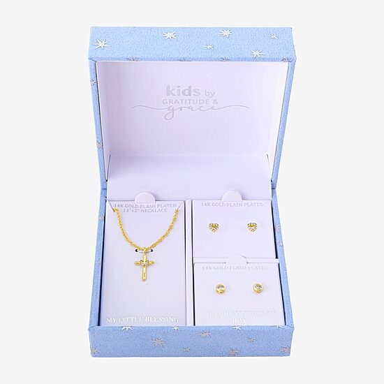 Gratitude & Grace Girls Cubic Zirconia 14K Gold Over Brass Cross Heart 3-pc. Jewelry Set