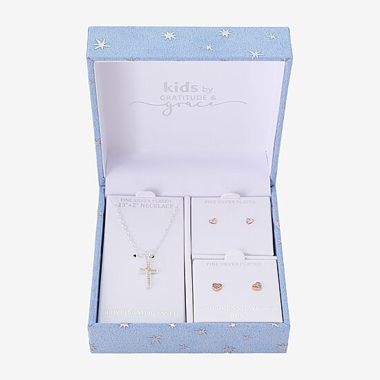 Gratitude & Grace Girls Cubic Zirconia 14K Gold Over Brass Pure Silver Over Brass Cross Heart 3-pc. Jewelry Set