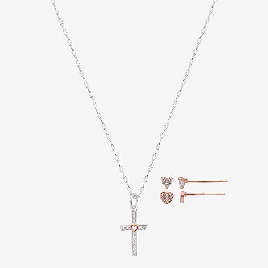 Gratitude & Grace Girls Cubic Zirconia 14K Gold Over Brass Pure Silver Over Brass Cross Heart 3-pc. Jewelry Set