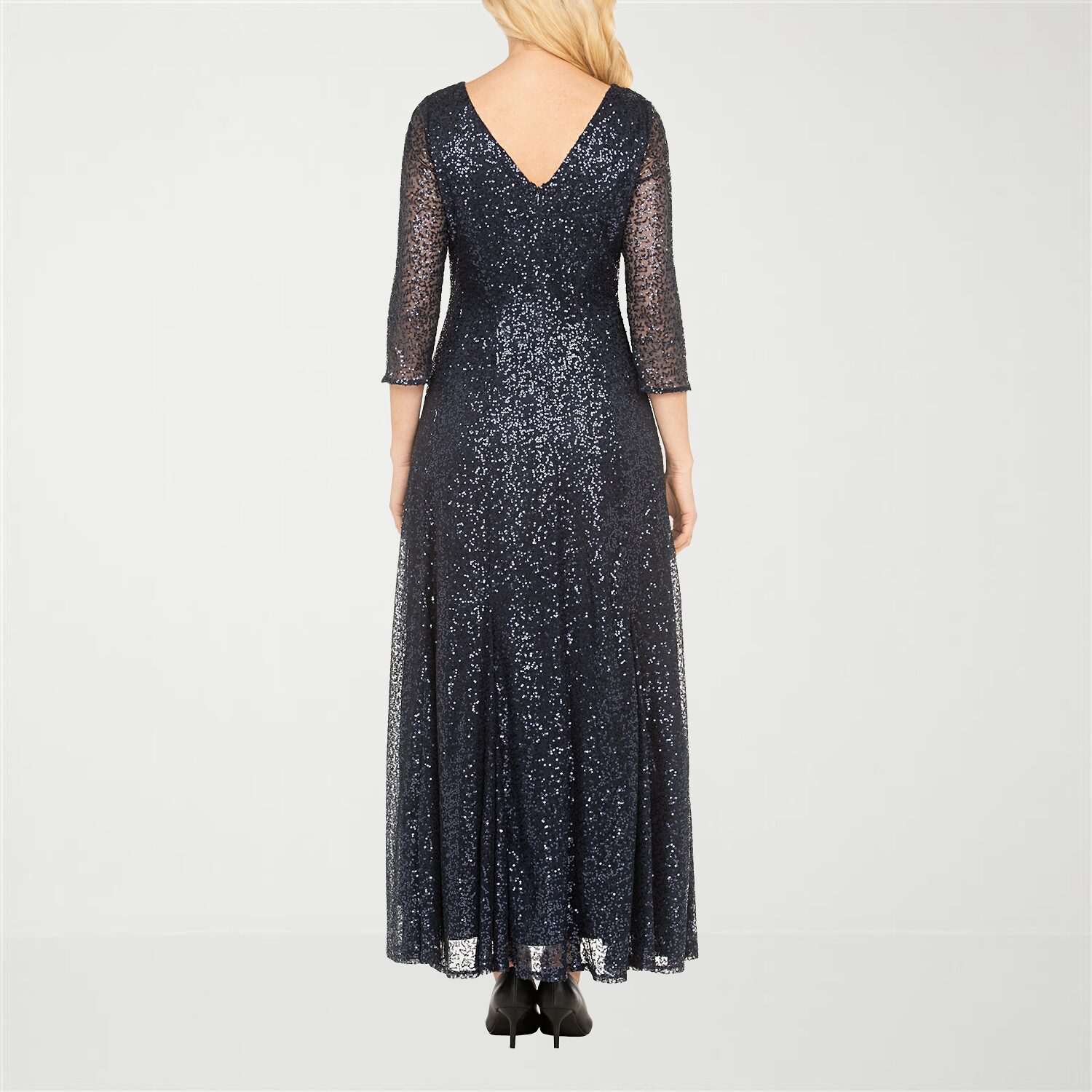 Giovanna Signature Womens Crew Neck 3/4 Sleeve Lace Embellished Sequin Floral Evening Gown