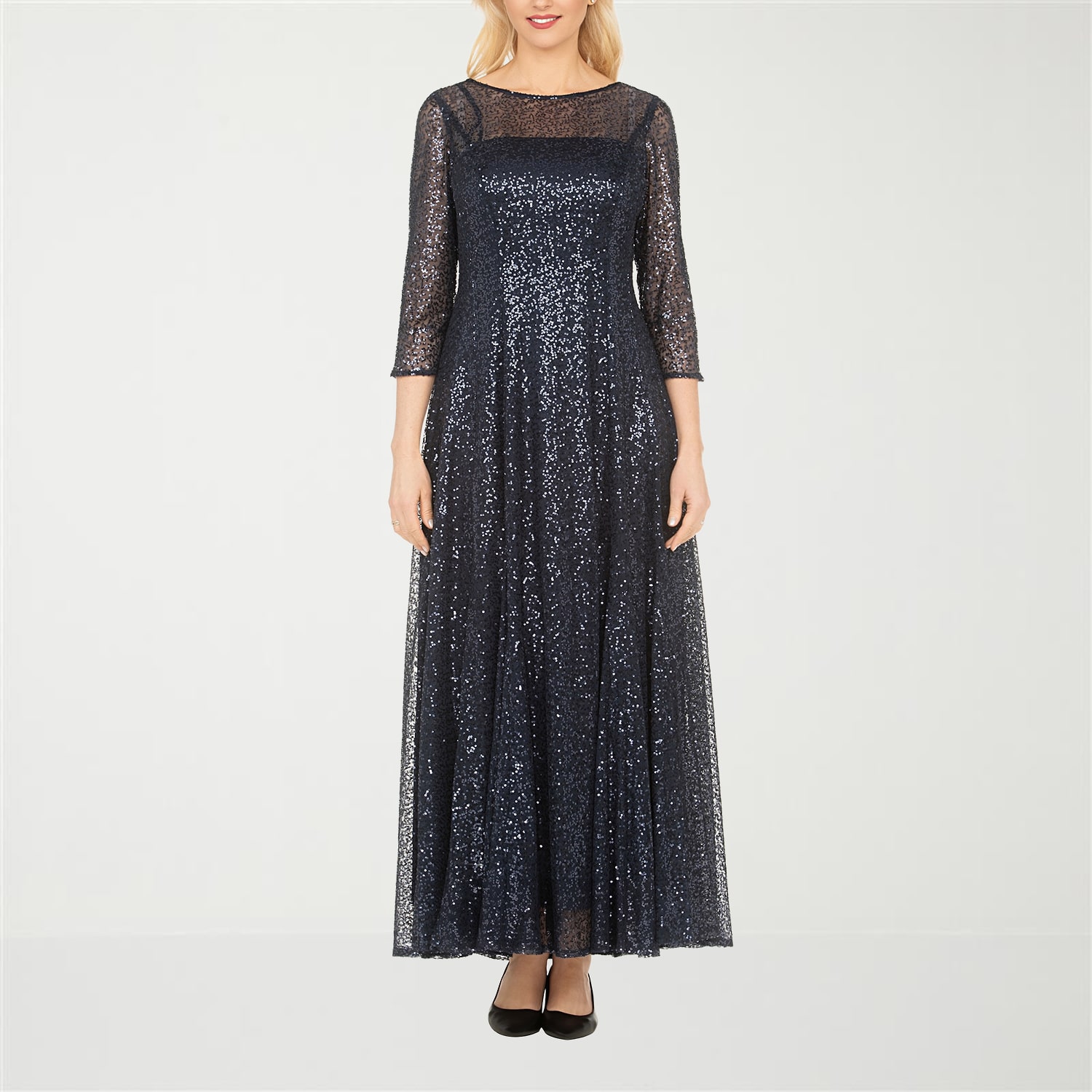 Giovanna Signature Womens Crew Neck 3/4 Sleeve Lace Embellished Sequin Floral Evening Gown