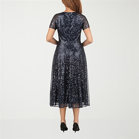 Giovanna Signature Womens Midi V Neck Short Sleeve A-Line Dress