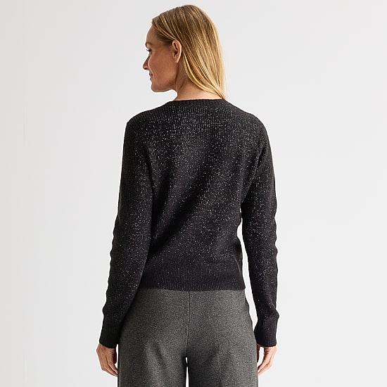Liz Claiborne Womens Crew Neck Embellished Long Sleeve Pullover Sweater