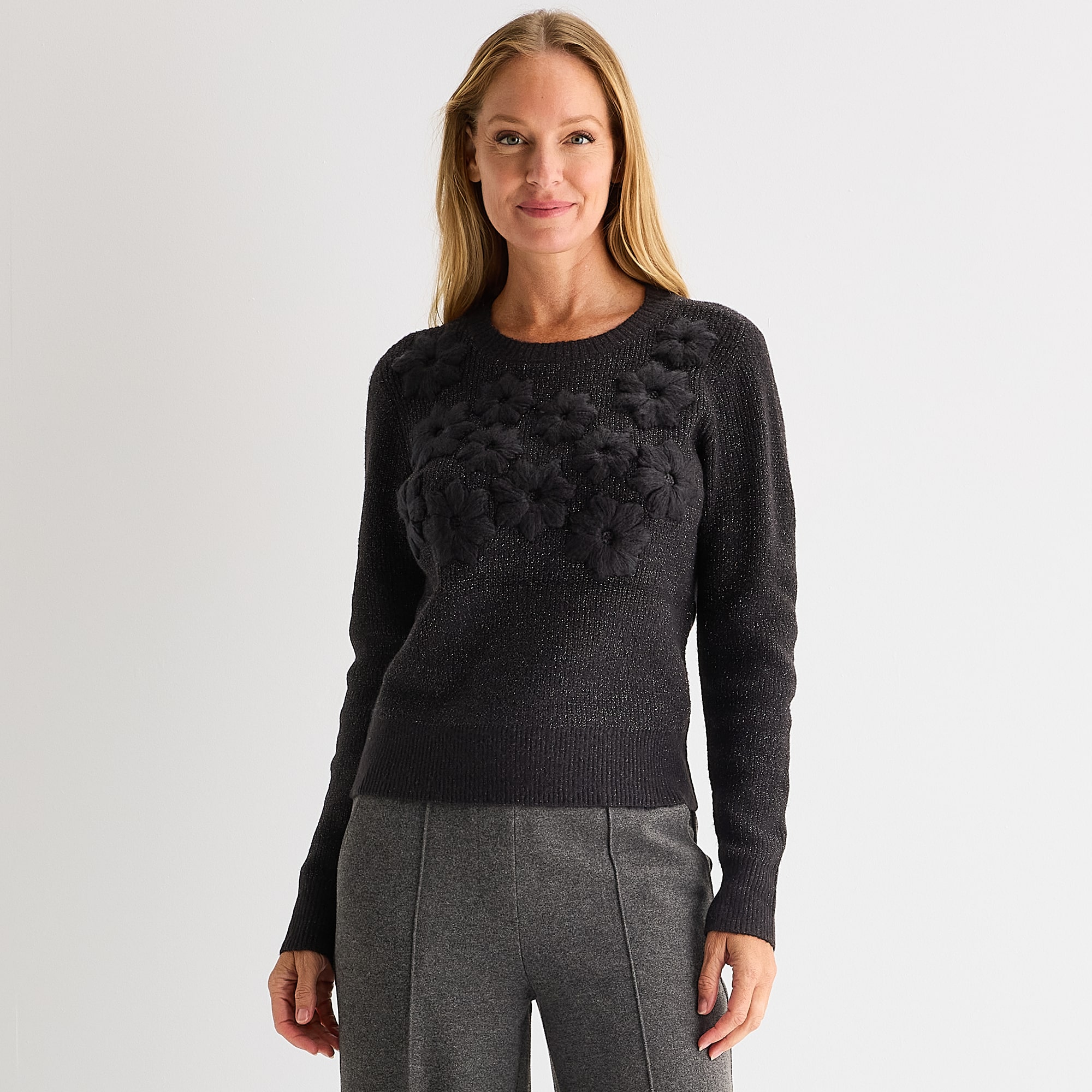 Liz Claiborne Womens Crew Neck Embellished Long Sleeve Pullover Sweater