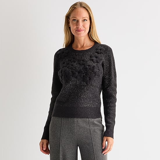 Liz Claiborne Womens Crew Neck Embellished Long Sleeve Pullover Sweater