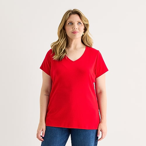 St. John's Bay Womens Plus V Neck Short Sleeve T-Shirt, 3x, Red