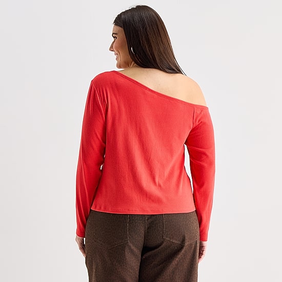 A.N.A Womens Plus Asymmetrical Neck Long Sleeve T-Shirt