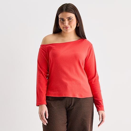 A.N.A Womens Plus Asymmetrical Neck Long Sleeve T-Shirt