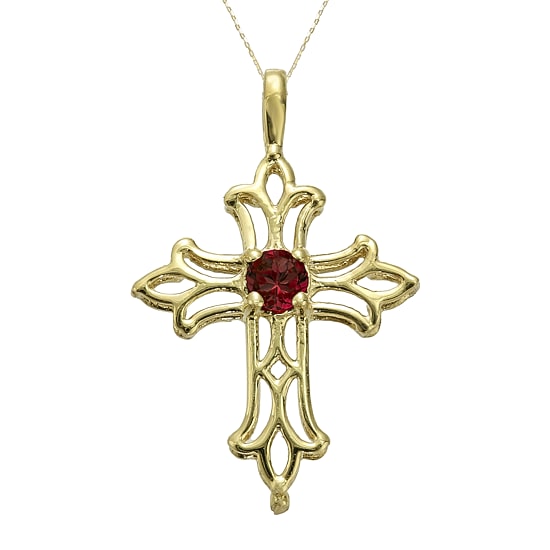 Genuine Garnet 10K Yellow Gold Cross Pendant Necklace