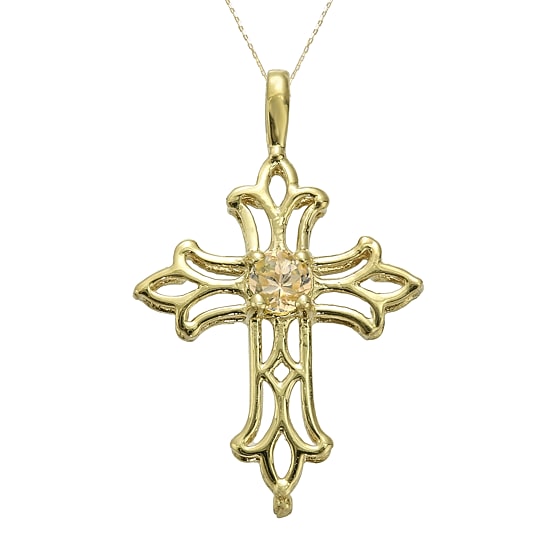 Genuine Citrine 10K Yellow Gold Cross Pendant Necklace