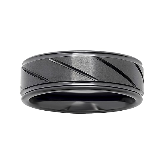  Personalized Mens 7mm Comfort Fit Diagonal Stripe Black Ceramic Wedding Band