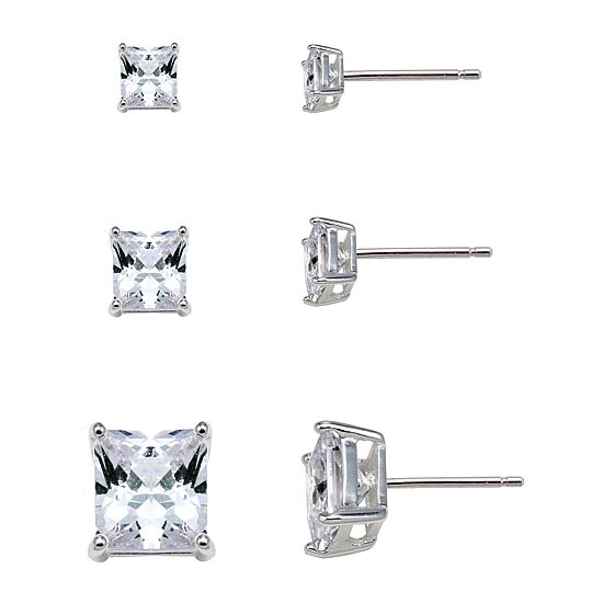  Sterling Silver Square Cubic Zirconia Earring Set    