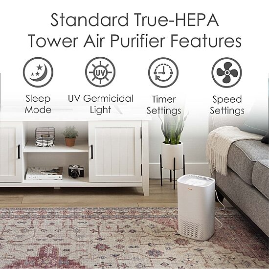 Crane True HEPA Air Purifier With Germicidal UV Light, 250 Sq Ft. Coverage, Standard